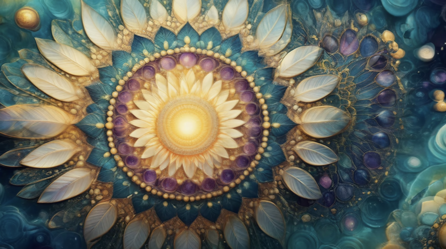 A river of light forming a bridge between mountains, leading to a golden sun.